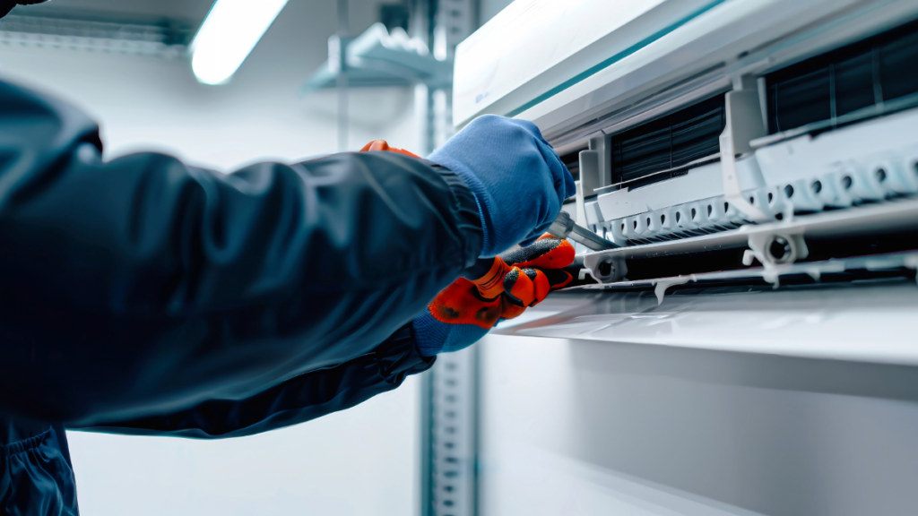 a technician performing maintenance on a ductless mini split ac unit 1024x576 1